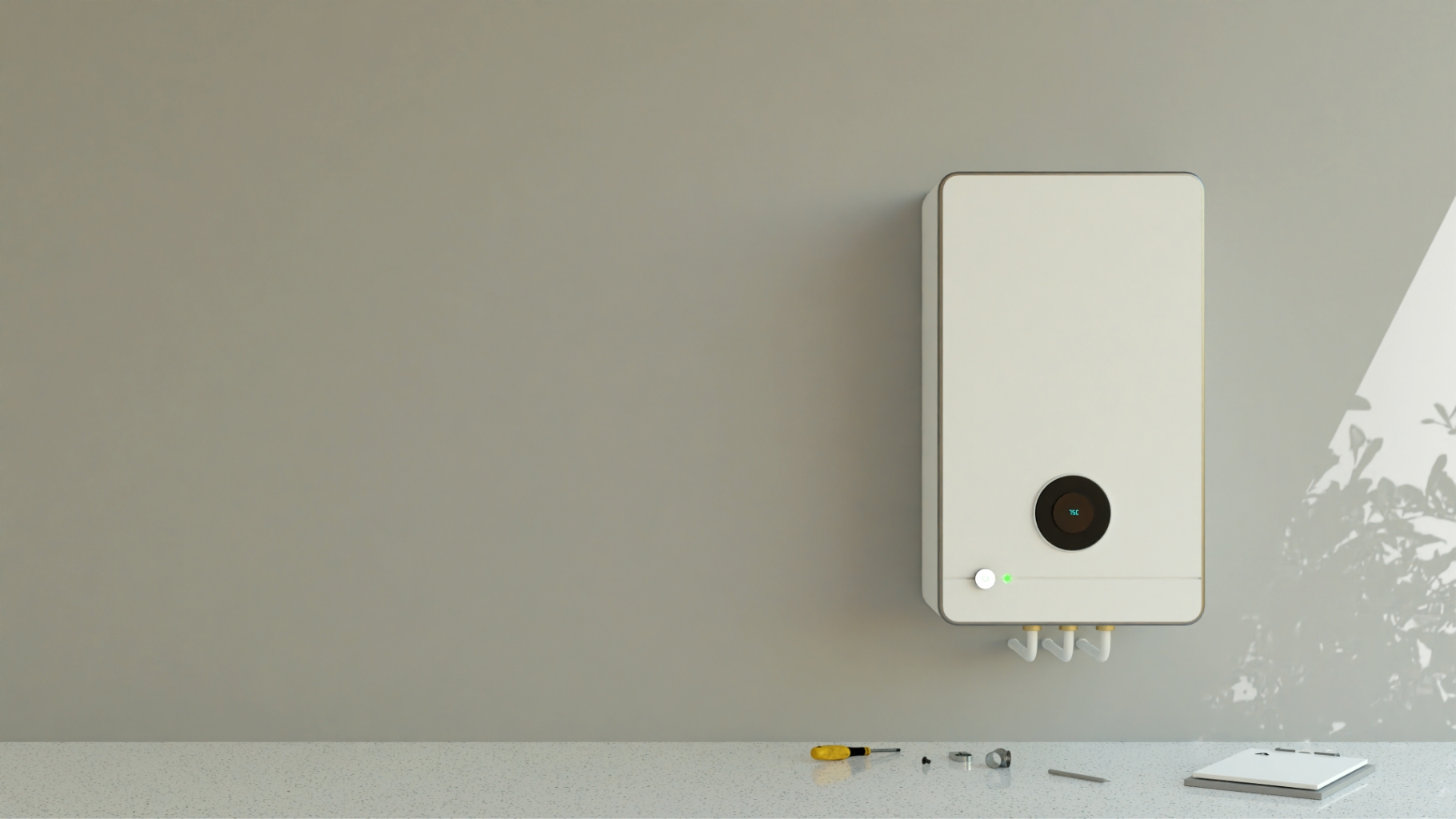 Image of modern white boiler with digital display and tools on the sideboard